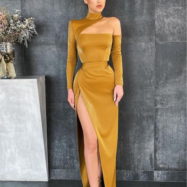 Sıradan Elbiseler 2023 Zencefil Maxi Bodycon Sexy Hollow Out Saten Elbise Kadınlar için Sonbahar Ünlü Akşam Kulübü Doğum Günü Partisi Vestidos