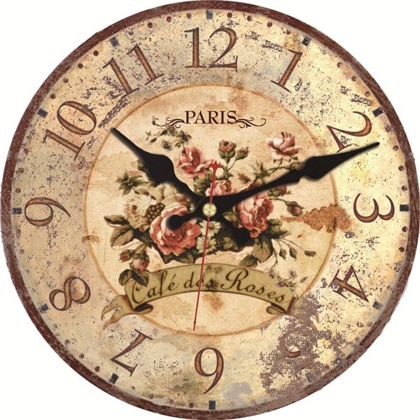 Orologi da parete Orologio rotondo in legno vintage Cafe Des Roses Orologi Retro Orologio da parete grande arte Nessun suono Living Kitchen Cafe Home Decor 230310