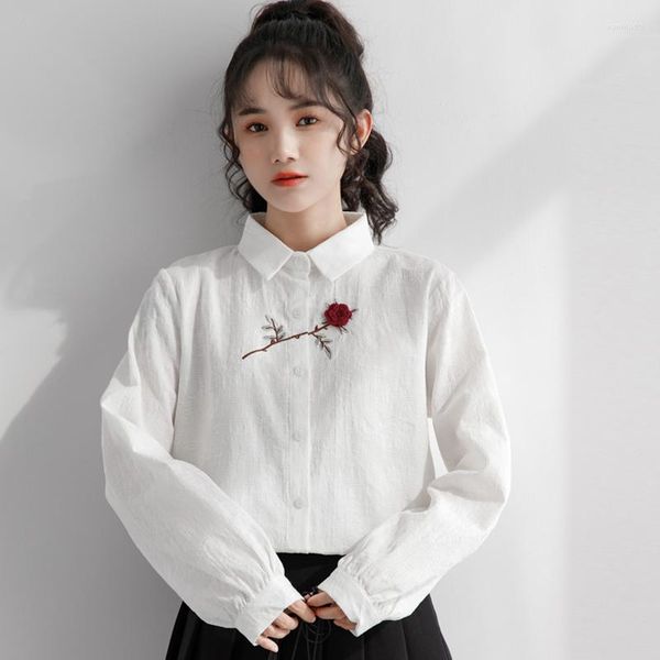 Damenblusen 2023 Frühlingsmode Langarmshirt Rose Stickerei Damenhemd Einzigartiges Design Elegante schicke Damenbluse Koreanisch