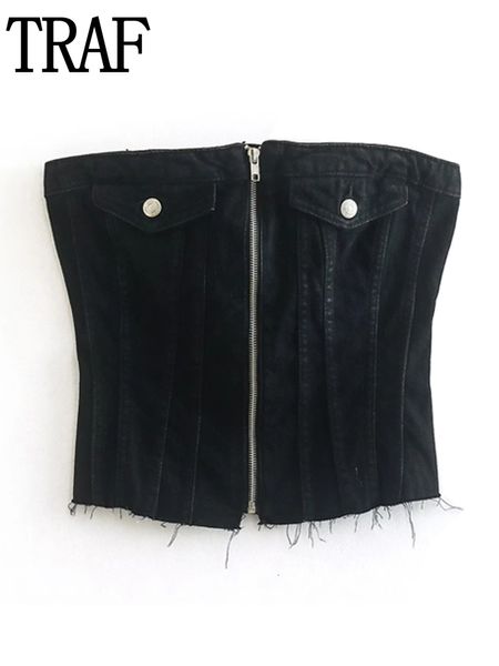 Tanques femininos Camis Traf Black Denim Corset Top Women Off ombro Crop Woman Party Backless Tube Sexy Tanque de rua Jeans Bustier 230310