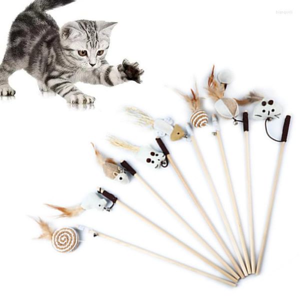 Cat Toys 8pcs Pet Teaser Feather Wood Rod Catty Catcher Stick Интерактивная льняная вязаная игрушка для мыши