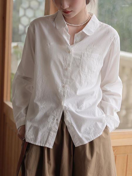 Blusas femininas qoerlin spring camisas brancas algodão bordado blusa floral feminina vintage camisa elegante de manga longa botão