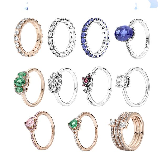 925 libbre d'argento New Fashion Charm per Pandora 2023 Anello rosa bella e bestia Anello natalizio in rame Anello con zaffiro verde