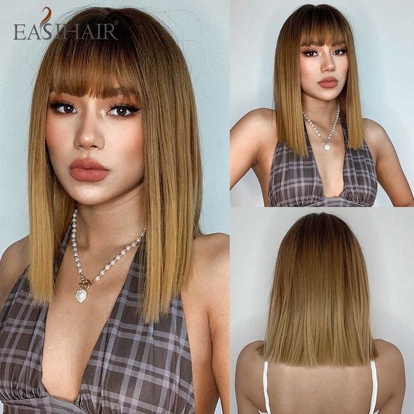 Synthetische Perücken Easihair Brown Ombre Straight Bob Perücken Damen Synthetik mit Pony Naturhaar Hochtemperatur Niedlich Cosplay 230227