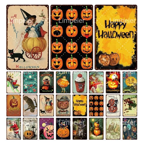 Retro einfaches Metallgemälde Halloween Kürbis Laterne Eule Feier Werbung verschneite Nacht Szene Layout Gang Dekor Geschenk 30 x 20 cm W03