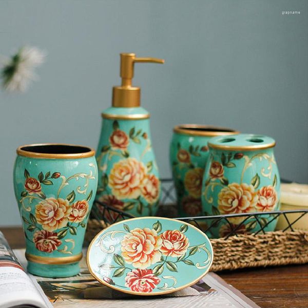 Set di accessori per il bagno Bagno in ceramica in stile cinese 5 pezzi Accessori Decorazioni per la casa Ornamenti Bicchiere per erogatore di sapone liquido