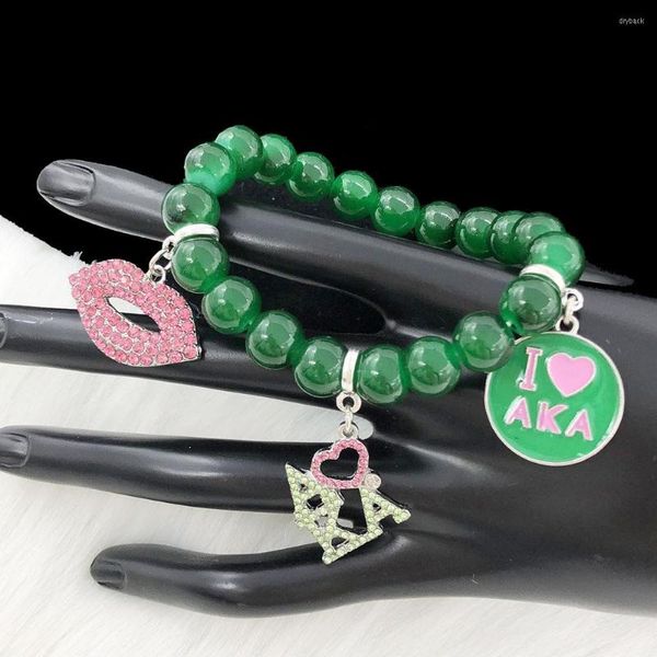 Strand handgemachte griechische Sorority grüne Imitation Jade Perle Buchstabe Rotundität Lippenarmband Frauen Schmuck