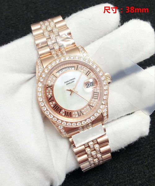 Orologi meccanici automatici da donna di alta qualità Lunetta con diamanti pieni Cinturino in acciaio inossidabile in oro rosa Orologi da donna 38mm Orologio da polso da donna alla moda Orologi da polso da donna