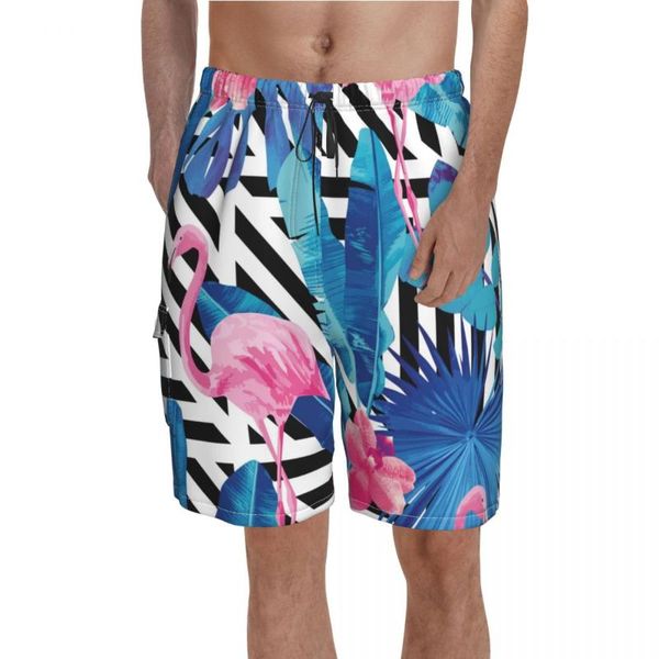 Shorts masculinos Flamingo Art Board Stripe e folha impressa na praia Praia Alfândega fofa tronco de natação PLUS TAMANHO 2XLMENS