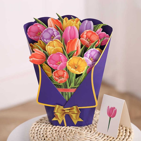 Carte regalo Biglietto d'auguri con bouquet di fiori pop-up Bouquet di fiori Biglietto d'auguri con gigli 3D per regali per la festa della mamma, moglie, anniversario, fiore per sempre Z0310