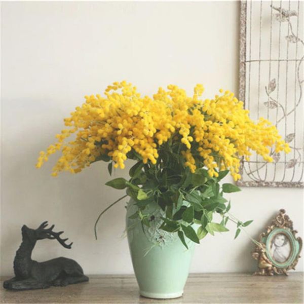 Dekorative Blumen, 48 cm, künstliche gelbe Mimosen, tropische Dschungelpflanzen, Zweig, gefälschte Kunststoffblätter, künstliche Beflockung, Blumenstrauß für Zuhause und Büro