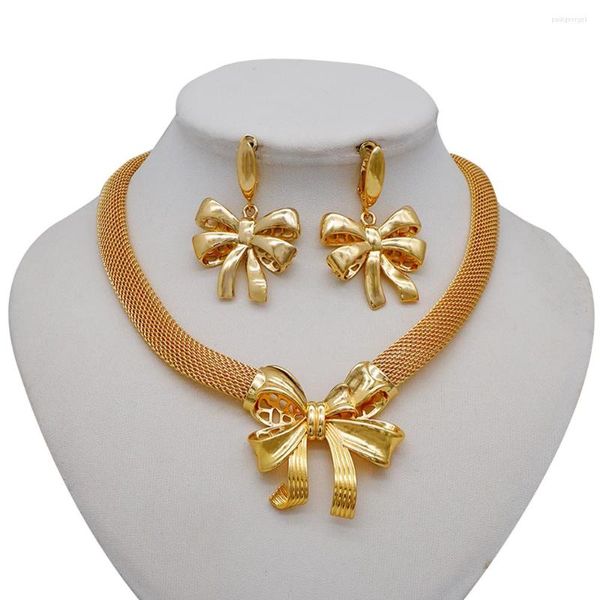 Collana Orecchini Set Dubai Gold Color Bow Fashion Nigeria Wedding Collezione di gioielli africani Gioielli da donna italiani