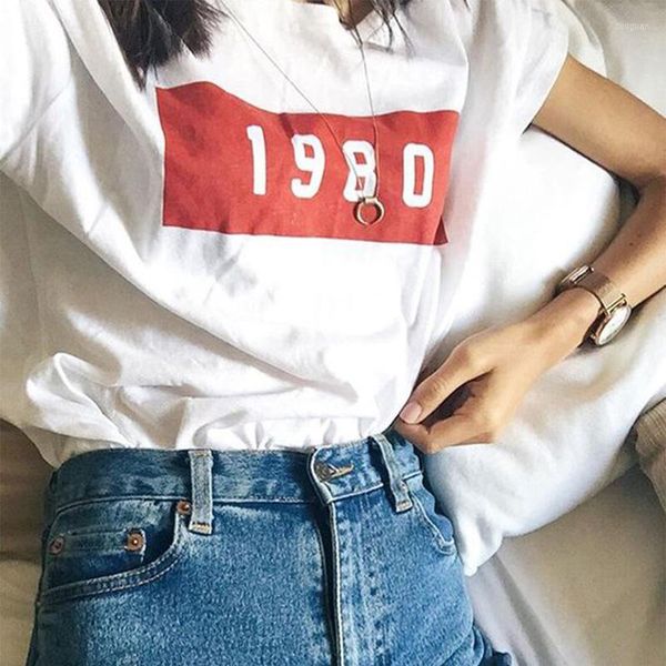 T-shirt da donna in maglia da donna 1980 Tee Solid Ladies White Casual Top T-shirt estiva da donna Lettera con stampa autunnale