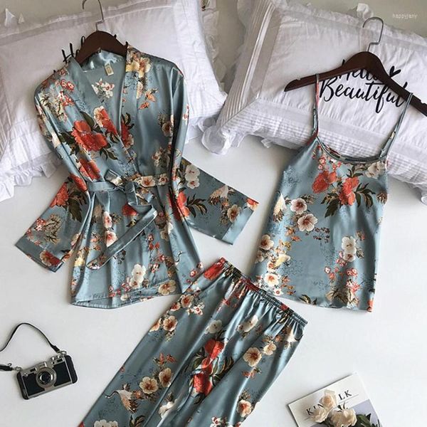Женская одежда для сна 3PCS/SET Весна Осень Осень Женщины Сатинированная шелковая пижама наборы цветочной печати пижама спагетти ремень домашняя одежда сексуальная пижама 2023