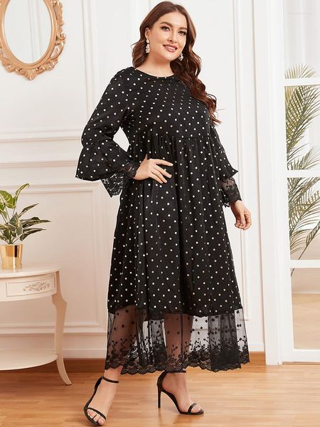 Sıradan elbiseler kadın moda siyah dantel zarif bayanlar uzun kollu polka dot dubai abaya müslüman maxi elbise artı boyut 4xl