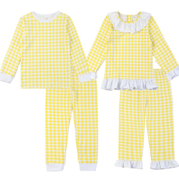 Pyjamas Mädchen Jungen Ostern Pyjamas Boutique Kinderkleidung Gelb Plaid Kinder Rüschen Pyjama Set Kleinkind Nachtwäsche 12m-12years 230310