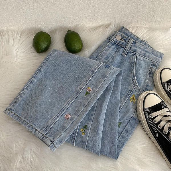 Женские джинсы цветочные джинсы вышитые джинсы Осенняя женская одежда, вымывая все брюки с широкими матками, женские джинсовые штаны 230310