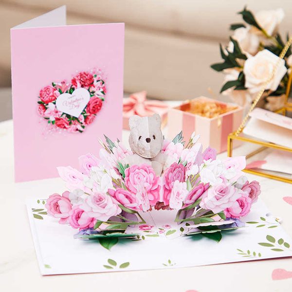 Подарочные карты 3D всплывающее цветочное приветствие свадебные приглашения День Матери День Пасха Пасха Открытки Возлюбленные Розовые Медведь Впрызги Z0310