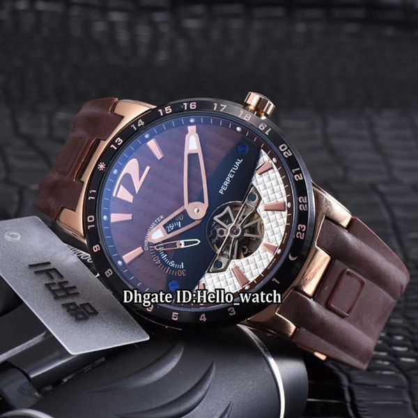 Günstige neue 42-mm-Herrenuhr Executive El Toro mit braunem Zifferblatt und Tourbillon-Automatikwerk, Roségoldgehäuse, schwarze Lünette, Kautschukarmband, Gents294W