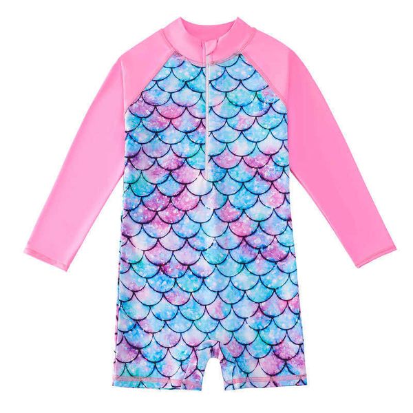 Maiô de uma peça sereia meninas roupa de banho de uma peça com manga comprida proteção solar criança média trajes de banho surf beachwear