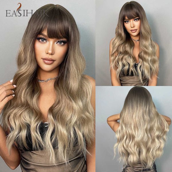 Синтетические парики Easihair Long Brown Ombre Wavy Synthetic Wigs для женщин натуральный парик волос с челками Симпатичный косплей теплостойкий ежедневный парик 230227