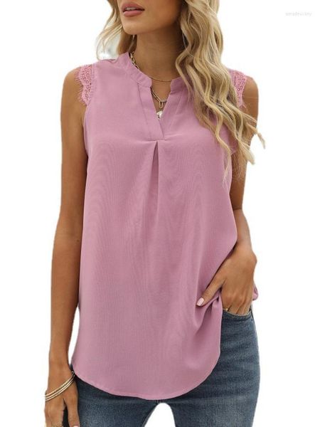 Frauenblusen Frauen ärmellose Bluse Spitze Solid V-Ausschnitt Chiffon-Shirt-Tops für den Sommer