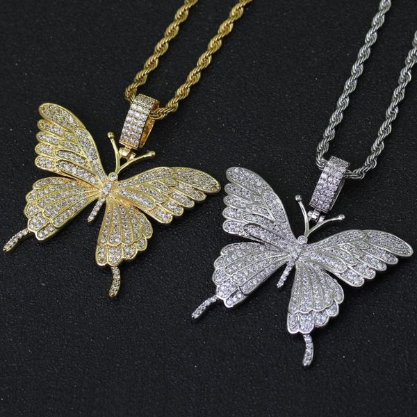 Correntes Tamanho Pequeno Zircão Full Bling Iced Out CZ Butterfly Brass Pingents Men and Women