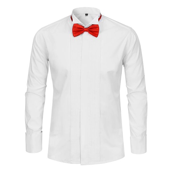 Camicie casual da uomo Uomo Smoking da sposa Abito a maniche lunghe Gemelli francesi A coda di rondine Piega Bottoni scuri Papillon Camicia da uomo Bianco Rosso Nero 230309