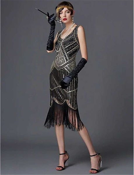 Повседневные платья Sidaimi 1920S Flapper Great Gatsby Круглая шея Новая женская черная блеска элегантная вечеринка кисточки Y2302