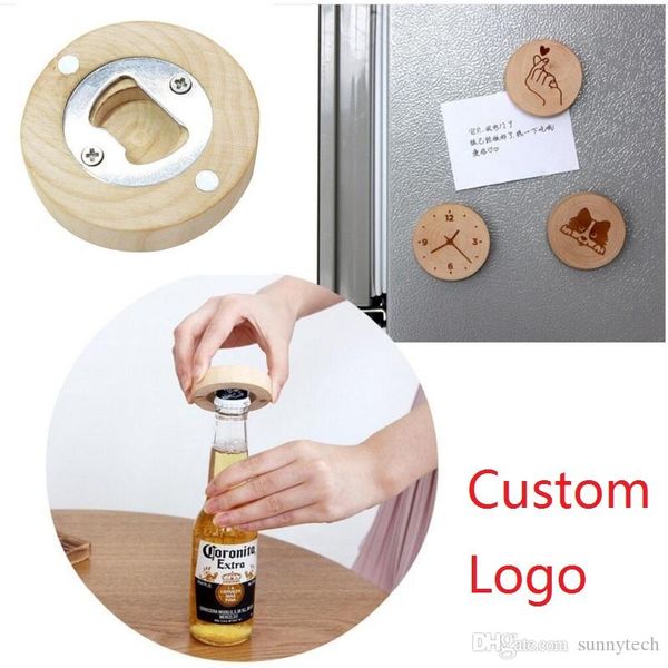 Nuovo design in legno a forma rotonda apribottiglie sottobicchiere magnete per frigorifero decorazione apri bottiglia di birra incisione gratuita logo LX1173