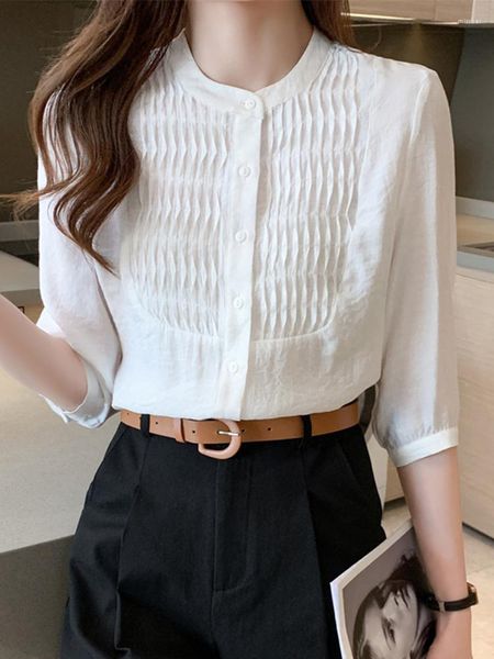 Damenblusen QOERLIN Halbarm Weiß Rosa Bluse Frauen O Neck Button Up Tops Koreanische Mode Sommer Chiffon Shirts Elegante Büro Damen