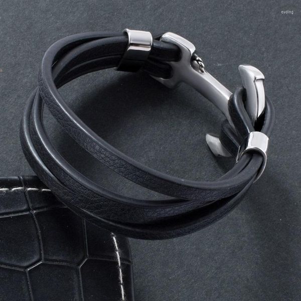 Charme Armbänder Vintage Schwarz Leder Seil Armband Männer Edelstahl Einfache Haken Schnalle Armreif Wrap Mode Schmuck Geschenke