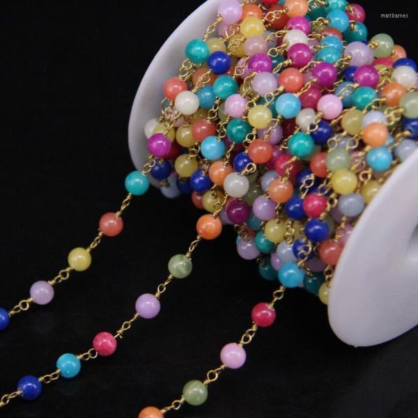 Correntes 5 metros/lote multicolor Malaysia jades redonda Rosário Jaspers com arame de ouro jóias de suéter feminino