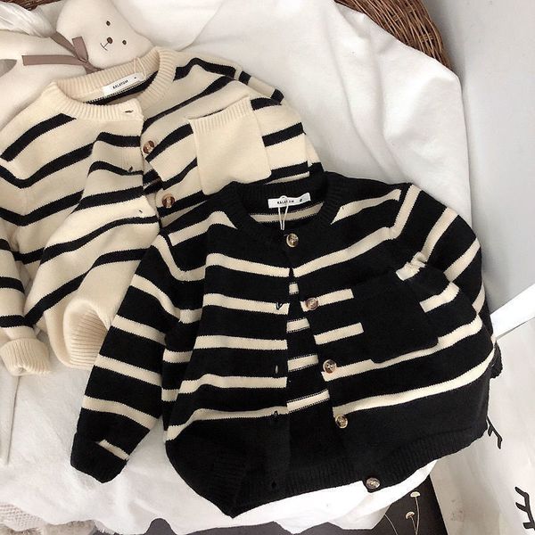 Strickjacke Kinder Gestrickte Pullover Herbst Junge Mädchen Klassisch Gestreiften Baby Rundhals Sweatshirt Kinder Weiche Anzug Kleidung 29Y 230310