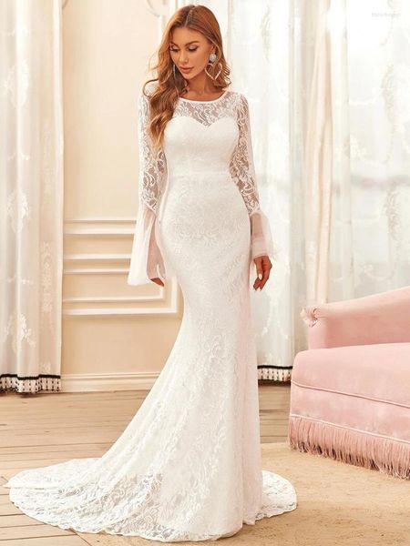 Abito da sposa Abiti mai graziosi Elegante pizzo girocollo maniche lunghe a pagoda All'ingrosso 2023 Damigella d'onore Vestido De Novia