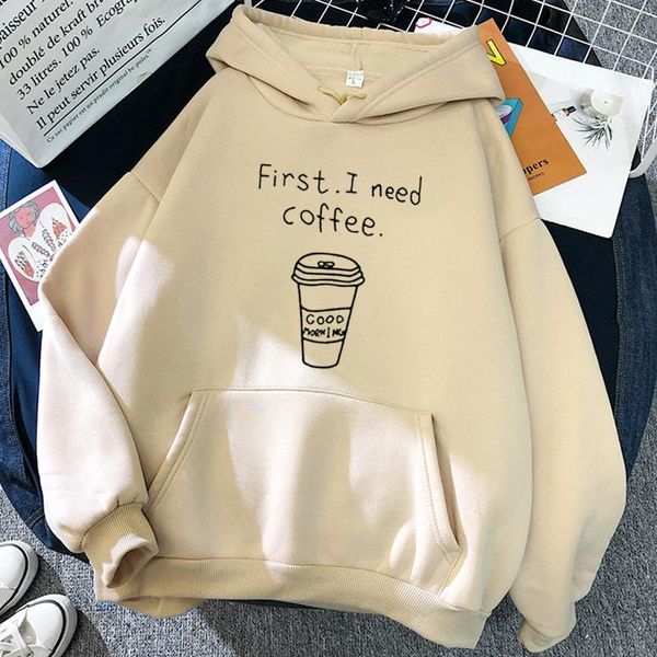 Felpe con cappuccio da uomo Felpe Autunno Inverno Harajuku Men First I Need Coffee Lettera Felpa stampata a maniche lunghe in pile Pullover da ragazza Stree