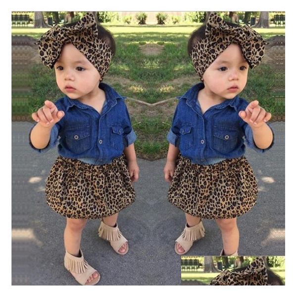 Kleidung Sets 3PC Kleinkind Infantil Baby Mädchen Kleid Mode Denim Hemd Leopard Rock Stirnband Kinder Kleidung Set Outfits M156 Drop de Dhwja