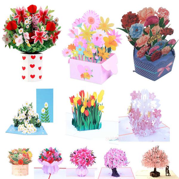 Carte regalo Biglietto pop-up con bouquet di fiori 3D Biglietto di auguri per la festa della mamma di San Valentino Biglietto di anniversario di compleanno per l'amante della moglie Z0310