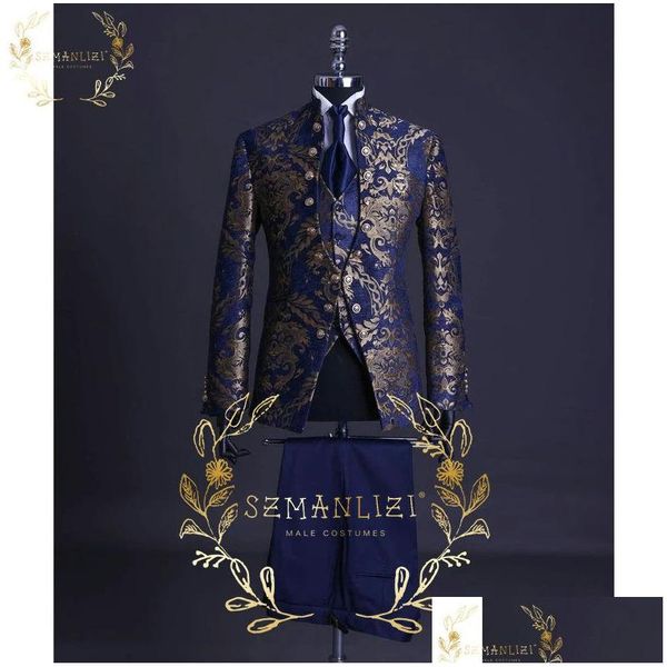 Smoking Handsome Blue Gold Floral Rim Stage Men Suit Set Stand Collar Abiti da uomo Formale Groom Tuxedo Costume Jacket Vest Dro Dhqlg