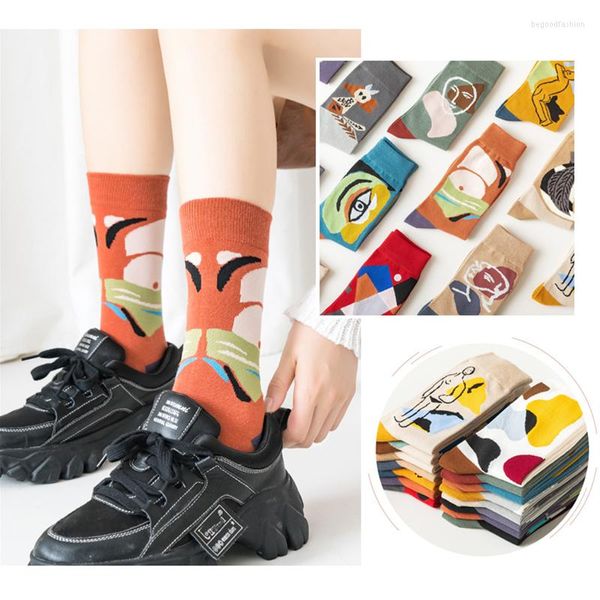 Frauen Socken Männer Rohr Bunte Retro Ölgemälde Cartoon Kreative Porträt Geometrische Socke Abstrakte Kunst Lustig Glücklich