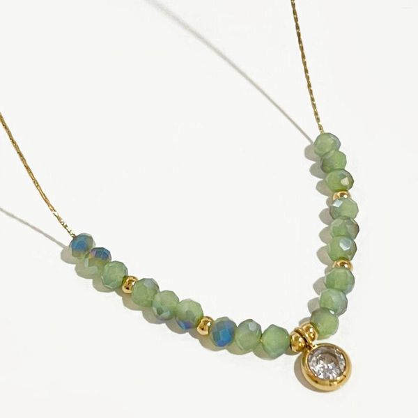 Catene Peri'sbox Semplice Dainty Green Grey Seed Beaded Collana con Cz Acciaio inossidabile Placcato oro Catena sottile Perline sfaccettate Gioielli