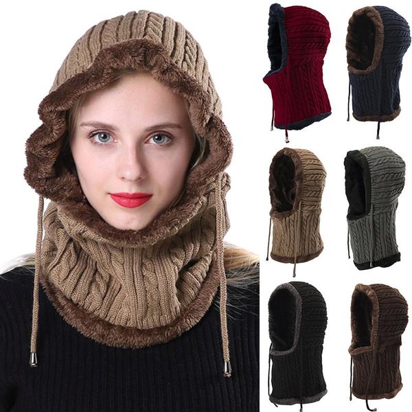 Berretti Beanie/Skull Caps 2023 Winter Women Acrilico Knit Plus Peluche Addensare Warm Bib Cap Siamese Female Sport Cyling Antivento Sciarpa Cappello