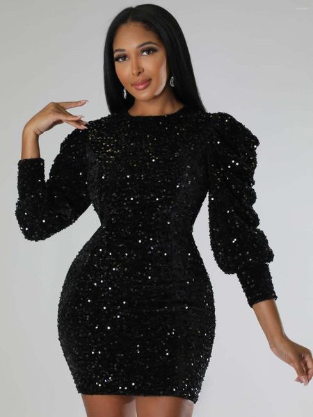 Casual Kleider Sexy Pailletten Party Kleid Mode Schwarz Wrap Hüfte Mini Pailletten Winter Wind Club Langarm Abend