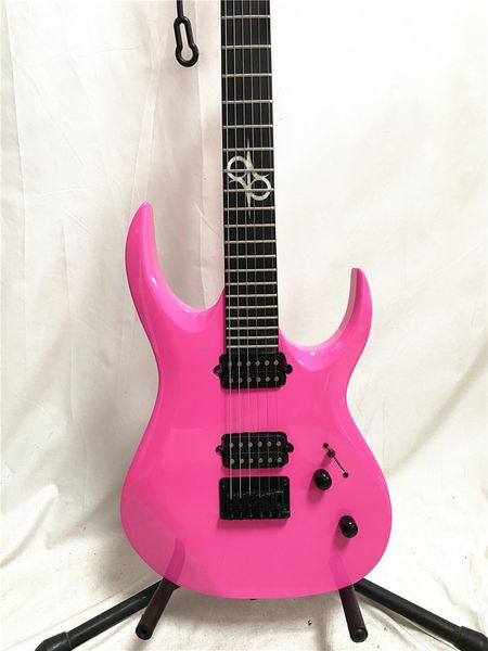 Chitarra elettrica a 6 corde rosa personalizzata con ponte fisso hardware nero