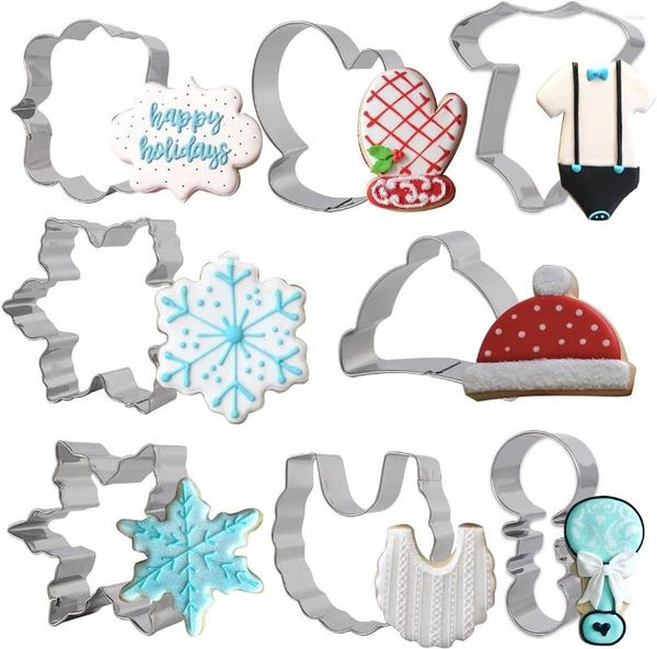 Stampi da forno Fiocco di neve Taglierina per biscotti Set Acciaio inossidabile Inverno Baby Shower Forniture Cappello Guanto Pasta Fondente Stampi per biscotti