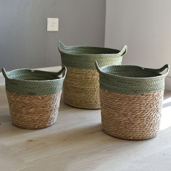 Cestas de armazenamento cesto de palha nórdica cesta de armazenamento rattan piso vaso de flores decoração