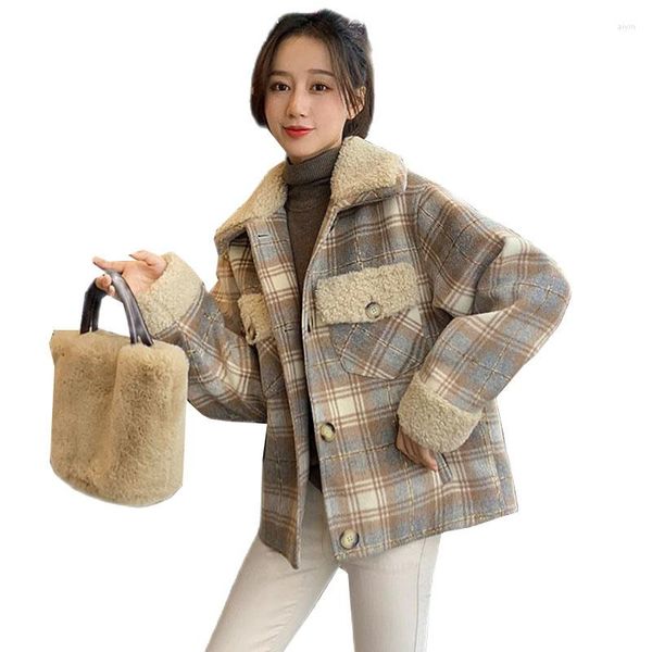 Lã feminina outono de inverno lã casaco mulheres 2023 coreano lambool lapela splicing xadrez xadrez casual curto fêmea feminina