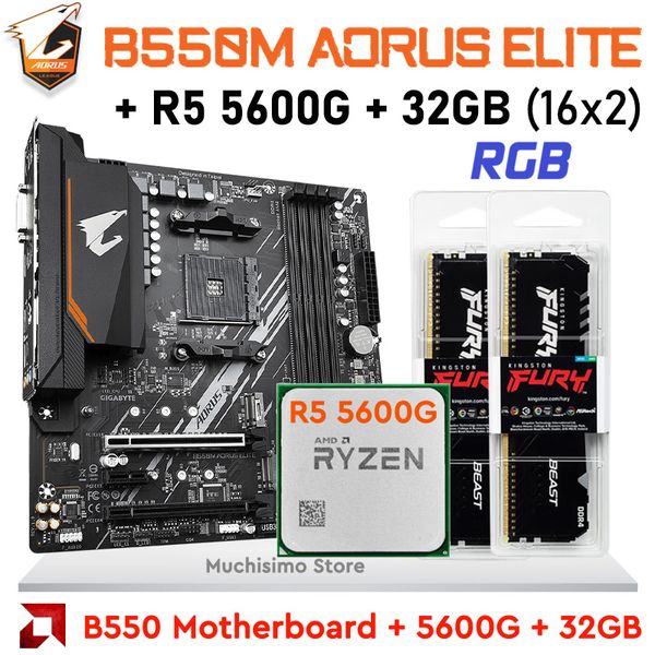 Gigabyte B550M Aorus elite AM4 Mãe -mãe AMD Ryzen 5 5600G 32GB DDR4 3200MHz RAM AMD B550 Combinamento de placa principal AM4 Ryzen Kit