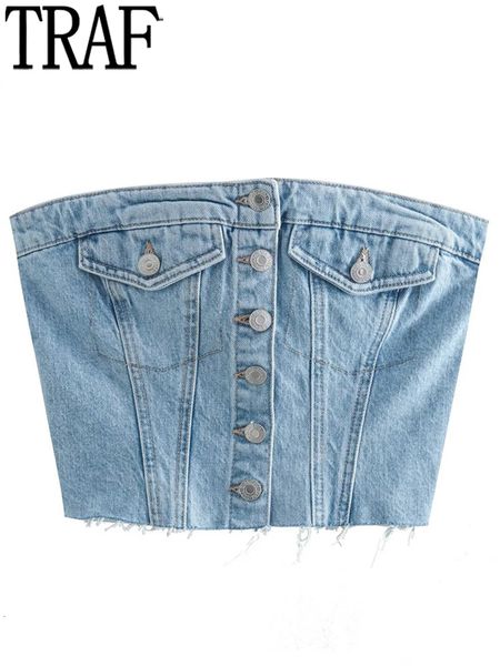 Canottiere da donna Camis TRAF Blu Denim Corsetto Top Donna Off spalla Crop Sexy Tube Moda femminile Streetwear Y2k s Donna Estate s 230310