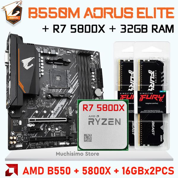 AMD RYZEN 7 5800X CPU Combo Gigabyte B550M Aorus elite AM4 Prapa -mãe 5800x 32 GB DDR4 3200MHZ Kit Ryzen B550 Kit de placa principal